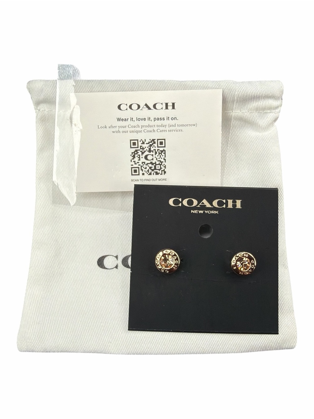 NWT Authentic Coach Rose Gold Crystal Logo Stud Earrings w/ Pouch